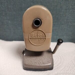 Vintage Berol Manual Pencil Sharpener Tan Metal Base Hand Crank Made USA Sharpen